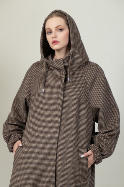 Пальто с капюшоном - Арт: 363 коричневый - Размеры: 48-50, 52-54, 56-58